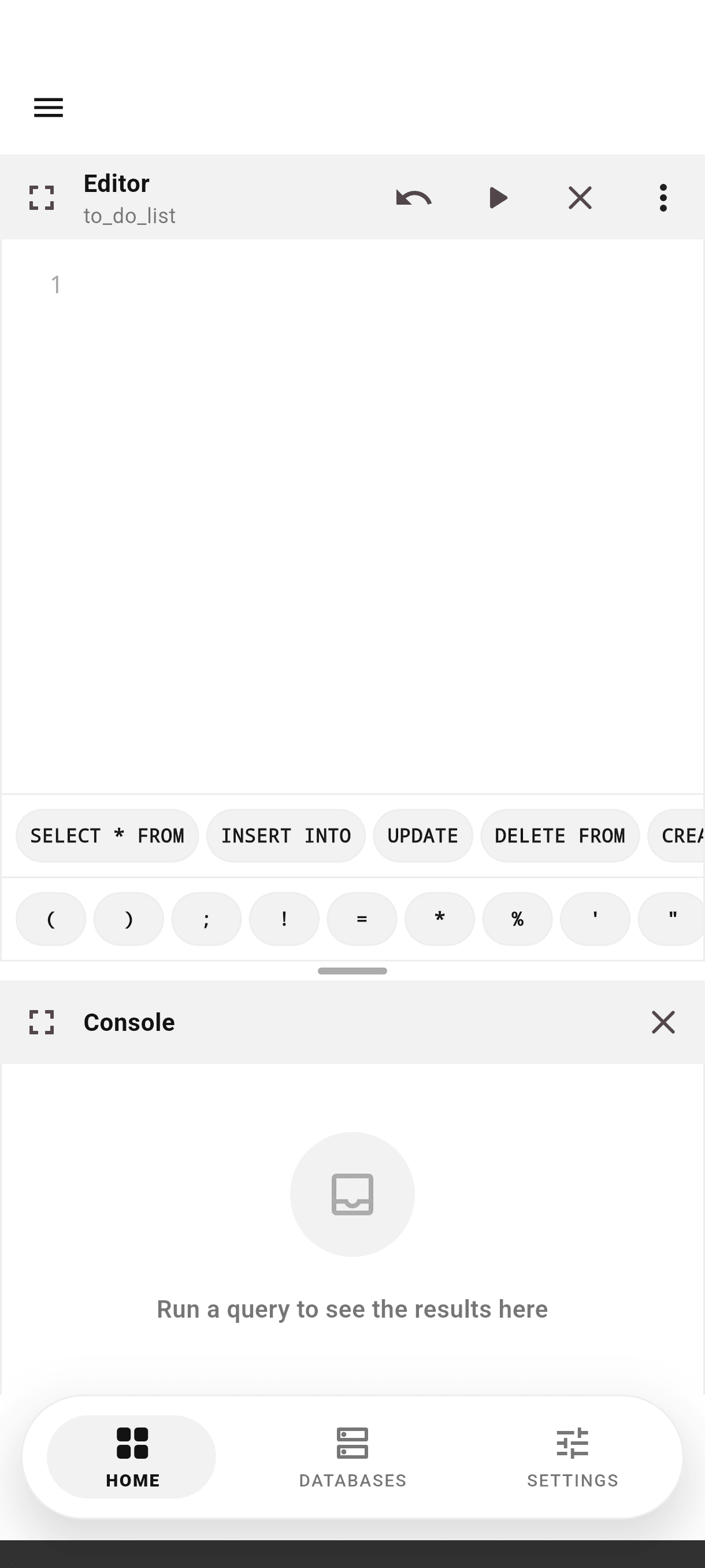 SQL editor with an active database