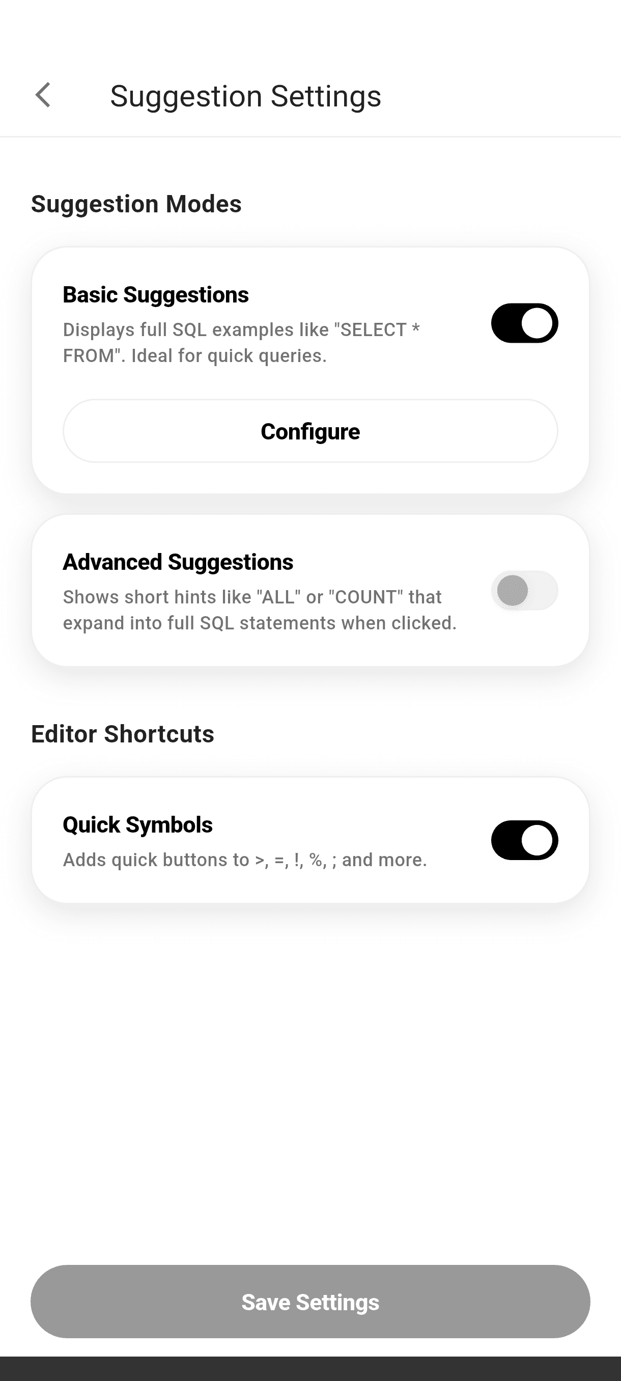 SQL suggestions settings