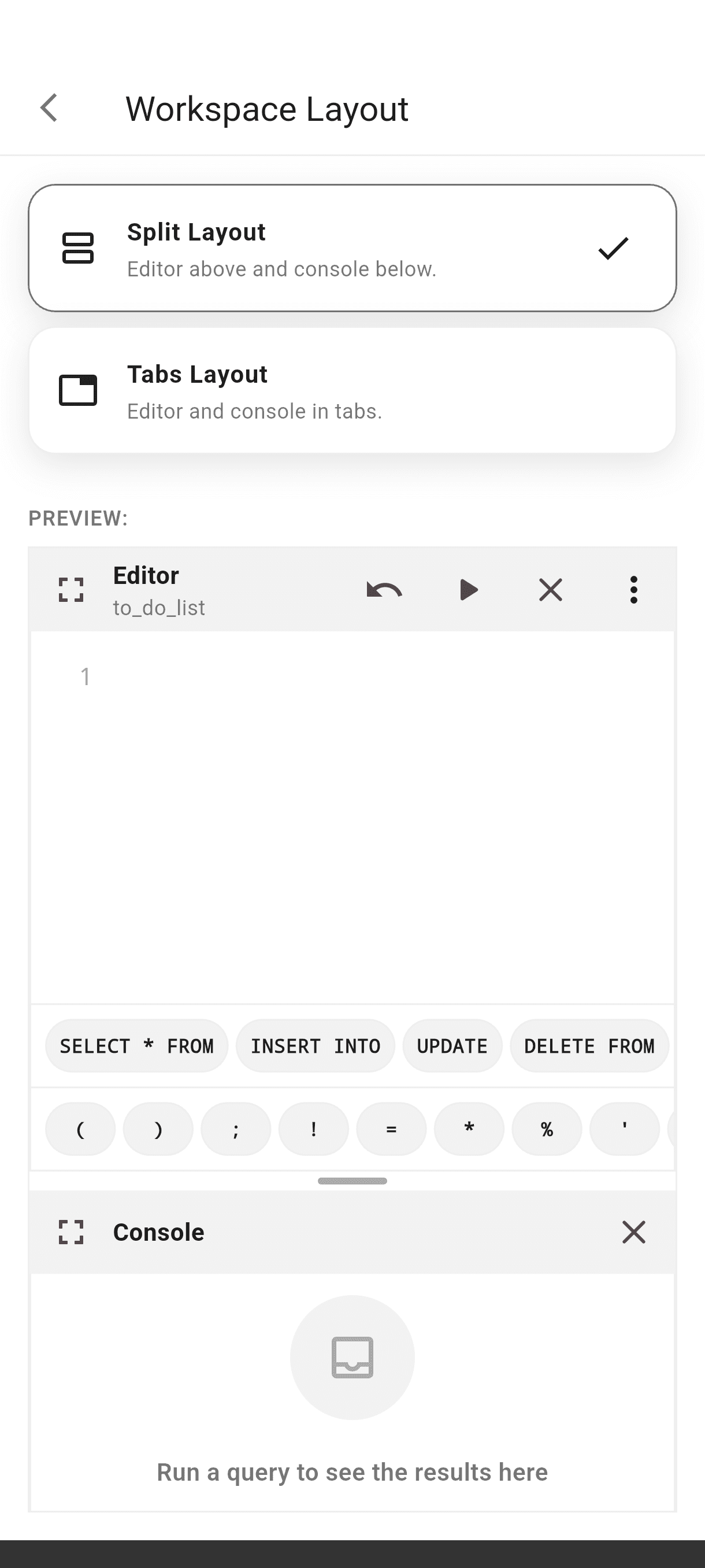Workspace layout settings